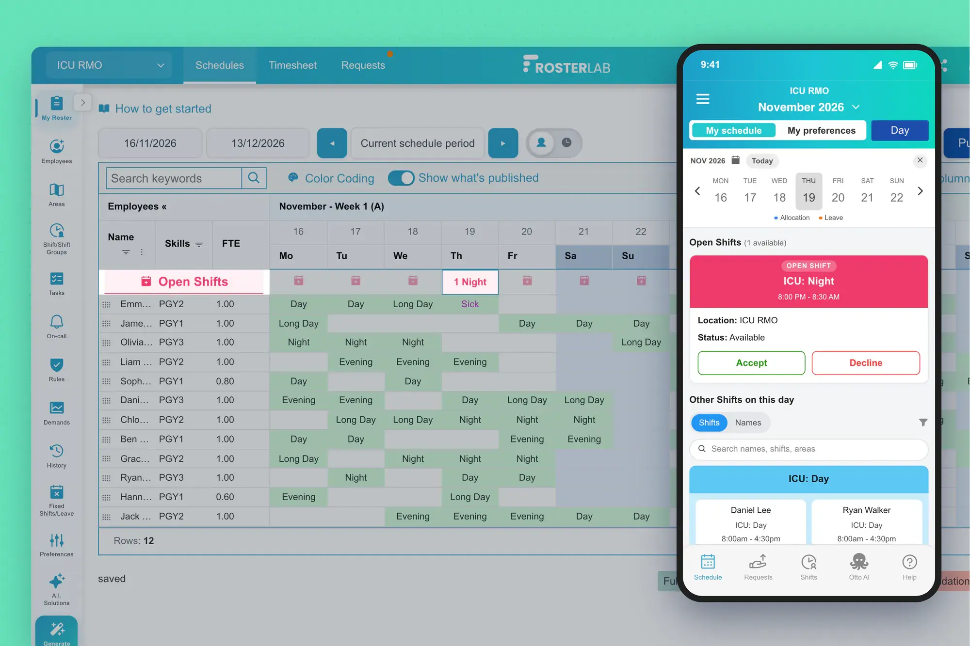 An open night shift on the roster, with a staff member accepting it from the RosterLab app