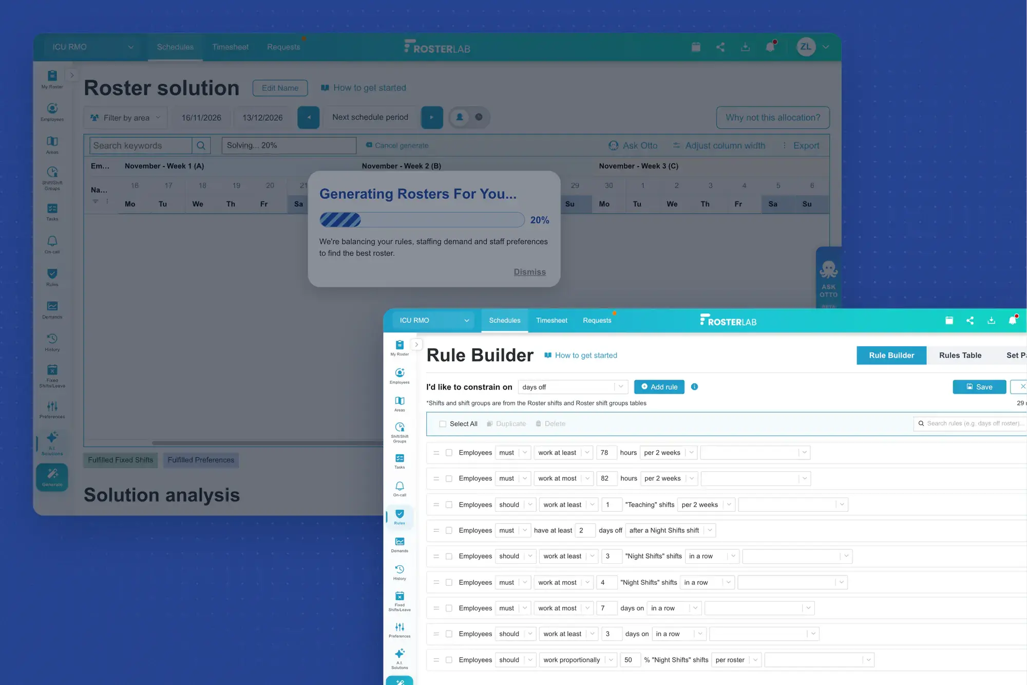 The RosterLab Rule Builder listing hours, night-shift and days-off rules, in front of a roster being generated from them